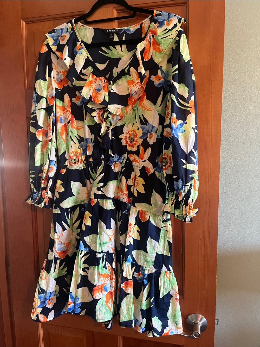 Lauren Ralph Lauren Navy Floral Ruffled Tiered Long-Sleeve Dress